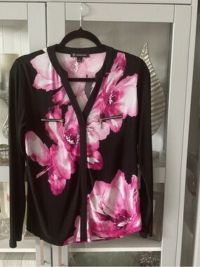 INC Floral Zip Pocket Blouse - Black with Fuchsia Pink Blooms